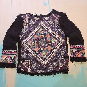Billabong Jacket Frayed Navy S Embroidered Boho Geometric Cotton Fest Cardigan
